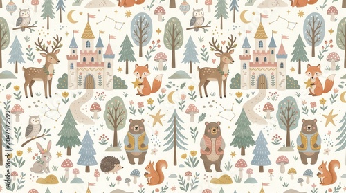 Forest creatures and a fairytale castle amidst trees, mushrooms, and stars on a white background