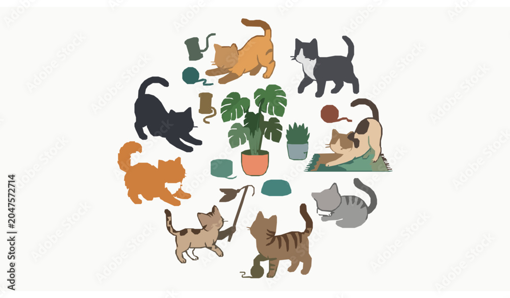 Obraz premium Cute Cartoon Cats Collection with Playful Kittens and Toys Adorable Pet Character Vector Illustration Set