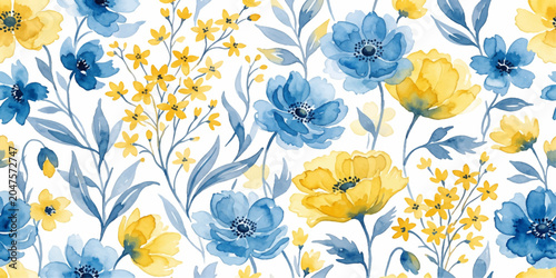 Foto Watercolor Floral Delight: A vibrant watercolor pattern featuring blooming blue and yellow flowers intertwined with delicate leaves and stems, creating a charming and artistic floral design