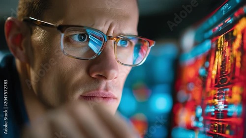 Focus on the Future: A man wearing glasses intently studies complex data displayed on a futuristic, glowing screen, symbolizing innovation and deep concentration.