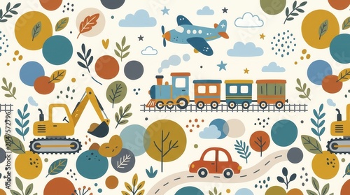 Seamless pattern of a blue airplane, a train, yellow excavator, and red car with trees