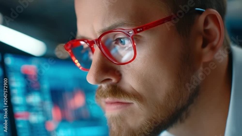 Focused Professional at Work: A man with a beard, wearing red-framed glasses, intensely focuses on multiple computer screens displaying data and charts in a modern office environment.