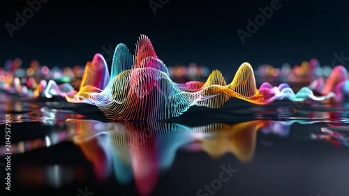 Abstract Sound Wave Visualization: A vibrant, multi-colored abstract representation of a sound wave, with its intricate peaks and valleys reflected on a glossy surface.