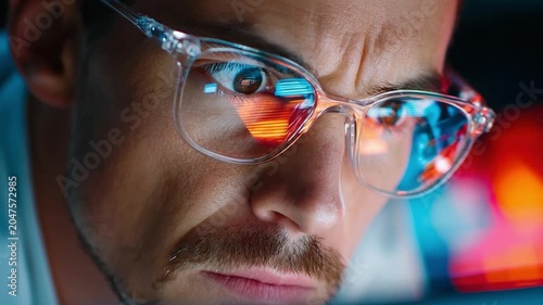 Intense Concentration: A man in glasses intently focuses on a screen, his reflection revealing a world of digital information and concentrated thought.