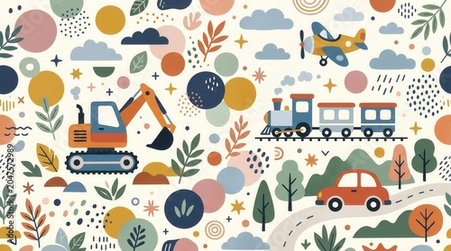 Cartoon vehicles, trees, leaves, and abstract shapes create a playful, engaging background