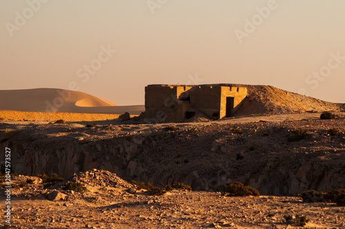 Tableau sur toile Desert ruin in Namib landscape with sand dunes and abandoned structure in remote