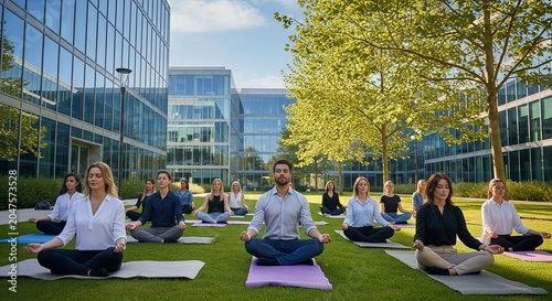 Group of people practicing yoga outside office buildings