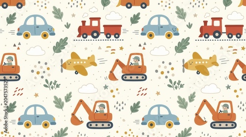Joyful pattern shows cute cartoon cars, trains, airplanes, and excavators on a bright background
