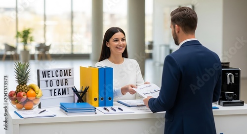 Businesswoman welcoming new employee at office reception desk