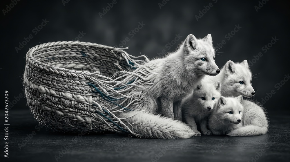 Fototapeta premium Arctic fox mother with three kits resting in a woven basket