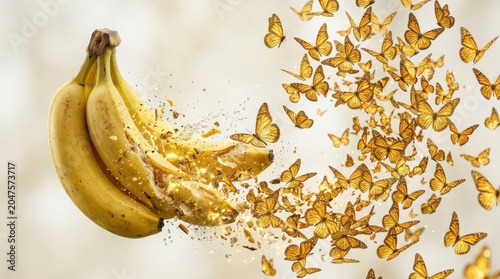 Bananas dissolving into a swarm of yellow butterflies