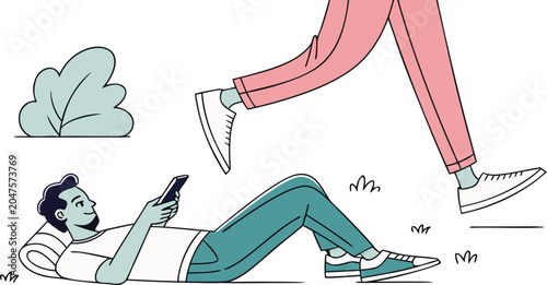 Relaxed man lying on grass using phone while giant walking legs step over him in park