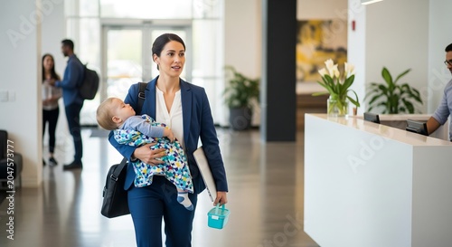 Woman carrying baby in office lobby with reception desk