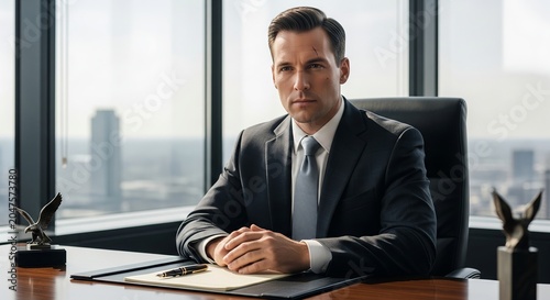 Businessman sitting at office desk with hands clasped