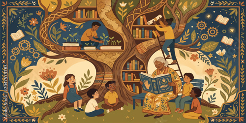 Bilde på lerret The Tree of Knowledge: A wise elder shares stories with a group of attentive children under the branches of a magnificent tree, its trunk adorned with bookshelves filled with wisdom