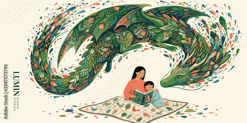 Картината върху платно Enchanting Dragon Tale: A mother and child are engrossed in a storybook, their imaginations ignited by a magnificent green dragon crafted from leaves and flowers