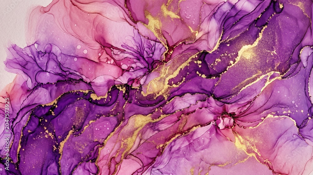 Obraz premium Vibrant alcohol ink abstract texture with swirling purple and gold patterns in fluid art