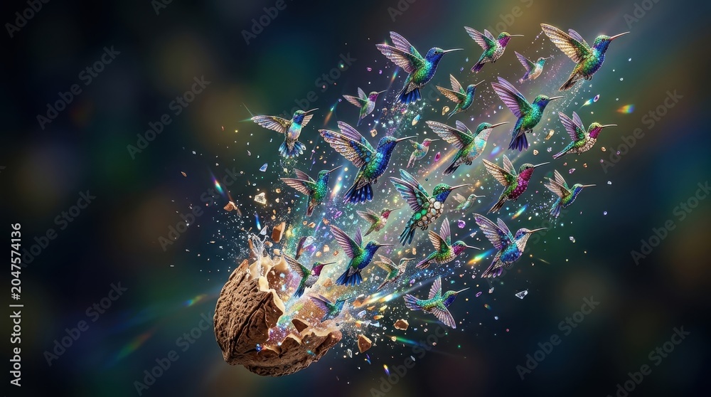 Fototapeta premium Hummingbirds flying out of a cracked walnut