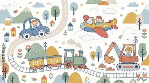 Young boys drive a car, fly a plane, and operate a train and excavator through a cheerful land