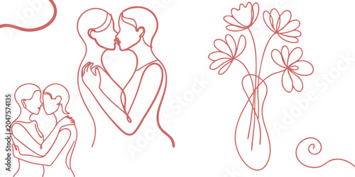 Foto Single line drawing of hugging couple and floral vase minimalist romantic art