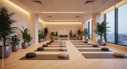 Meditation room interior with yoga mats and plants