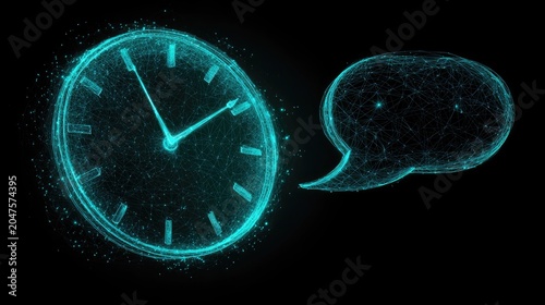 Digital clock and speech bubble network on black background