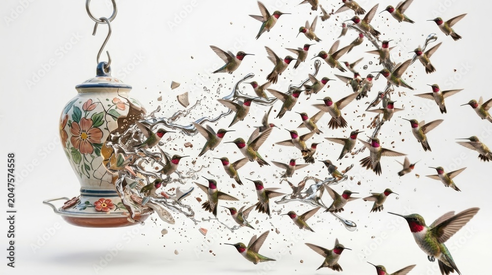 Fototapeta premium Hummingbirds flying from a decorative ceramic bird feeder