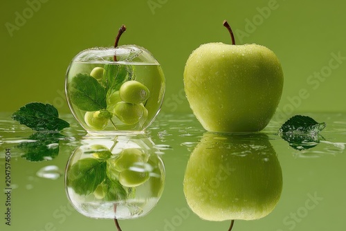 Two Green Apples Reflected in Water with Mint Leaves.