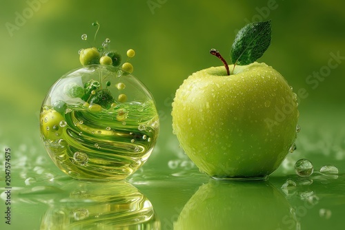 Vibrant Green Apple and Abstract Liquid Sphere with Bubbles.
