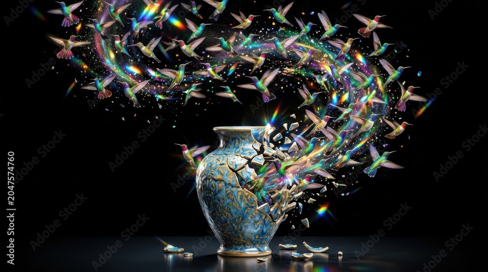Fototapeta premium Hummingbirds emerging from a shattered decorative vase