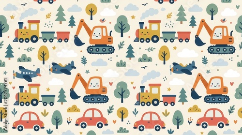 Cute pattern of smiling trains, excavators, airplanes, and cars among trees, clouds, and birds