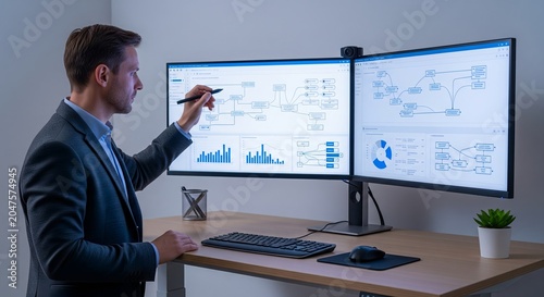 Businessman analyzing data on dual computer monitors in office