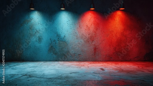 Textured concrete wall and floor illuminated by red and blue lights