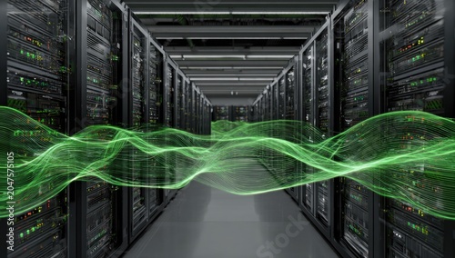 Futuristic server room with flowing green energy wave