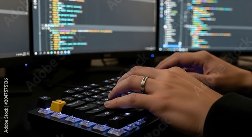 Typing on keyboard in front of computer screens