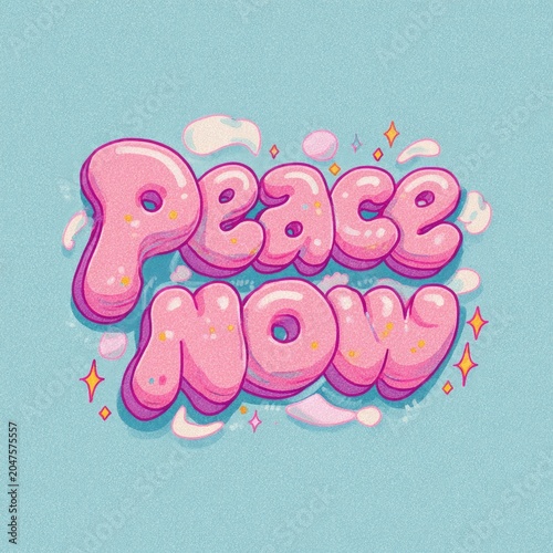 3D pink bubble text with sparkling accents on blue