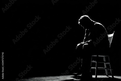 Silhouette of a person seated, head bowed, in dramatic light and shadow