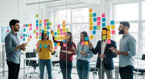 Team brainstorming session with colorful sticky notes on whiteboard in modern office