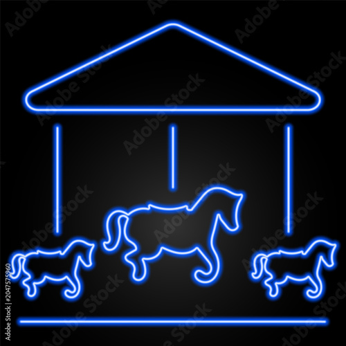 Neon carousel icon glowing in bright blue on a dark background. Amusement park ride symbol representing fun, entertainment, childhood, carnival attractions.