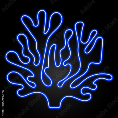 Neon coral icon glowing in bright blue on a dark background. Marine reef symbol representing ocean life, underwater ecosystems, biodiversity.