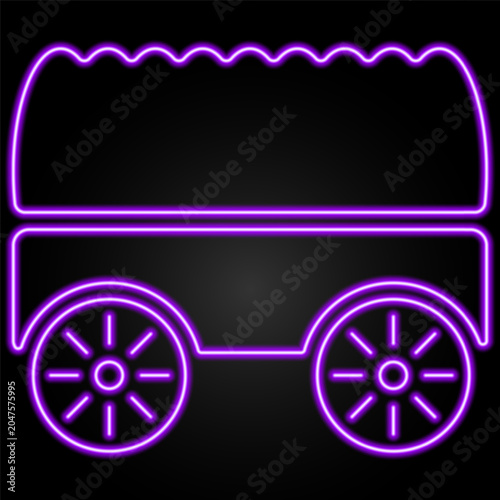 Neon covered wagon icon glowing in vibrant purple on a dark background. Traditional pioneer wagon symbol representing western heritage.
