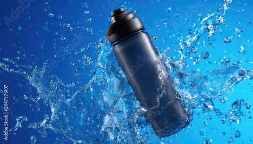 A dark sports bottle is suspended mid-air, engulfed in dynamic water splashes