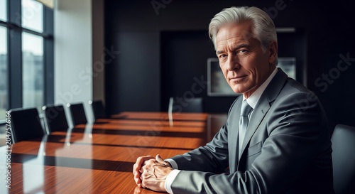 Businessman sitting alone at a conference table in a modern office