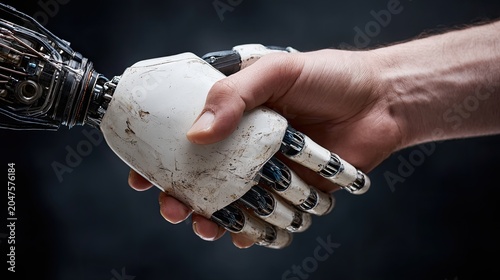 Human and robot shake hands, symbolizing collaboration and the future