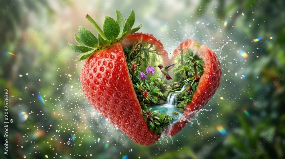 Fototapeta premium Heart shaped strawberry containing a tropical jungle ecosystem with a waterfall