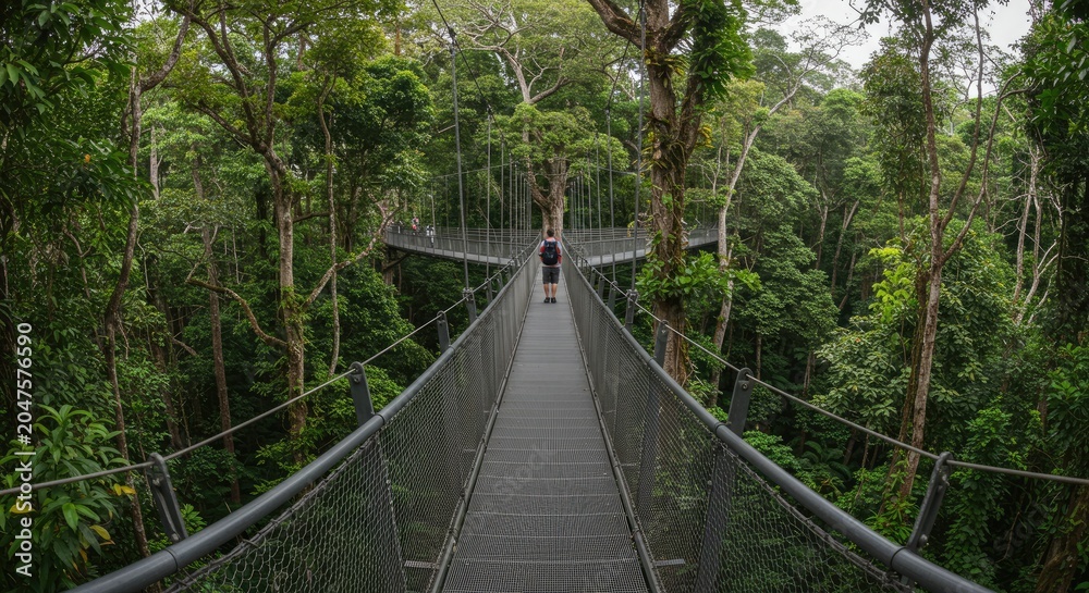 Fototapeta premium A person walks across a suspension bridge in a dense forest with trees and greenery