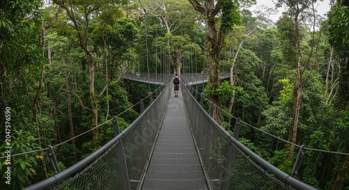 A person walks across a suspension bridge in a dense forest with trees and greenery