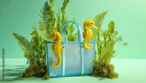 Two yellow seahorses peek out of a light blue mesh bag amidst greenery