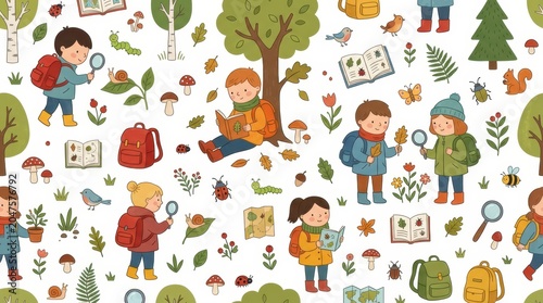 Young children explore nature, observing insects, plants, and reading books outdoors during autumn
