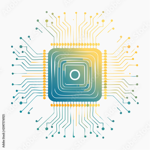 Abstract illustration of a computer chip with radiating circuits
